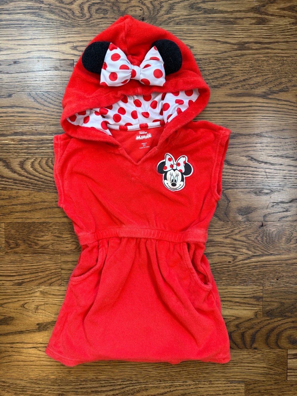 Disney Junior Girls Minnie Mouse Red Hooded Terry Swim Cover w/ Polka Dot Bow 2T